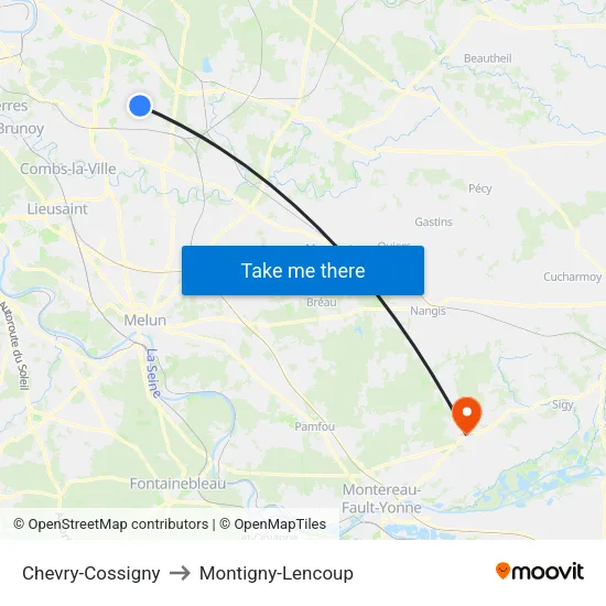 Chevry-Cossigny to Montigny-Lencoup map