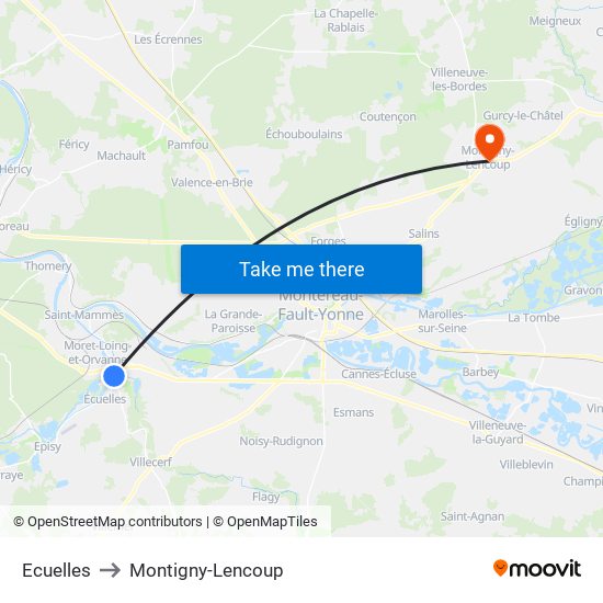 Ecuelles to Montigny-Lencoup map