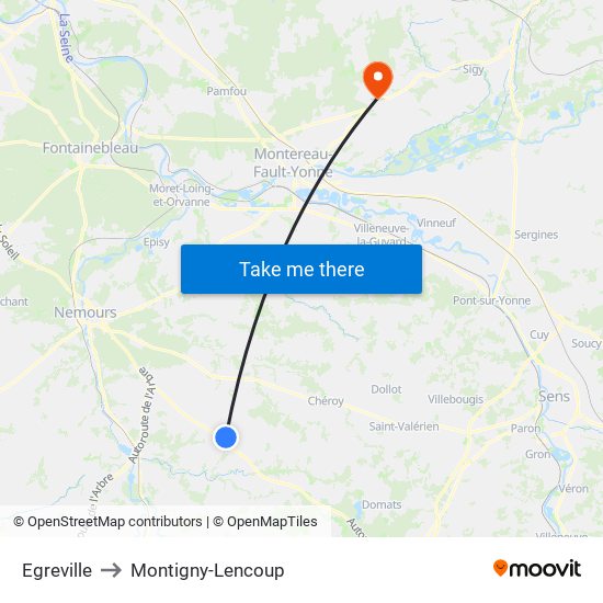 Egreville to Montigny-Lencoup map
