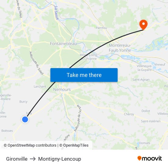 Gironville to Montigny-Lencoup map