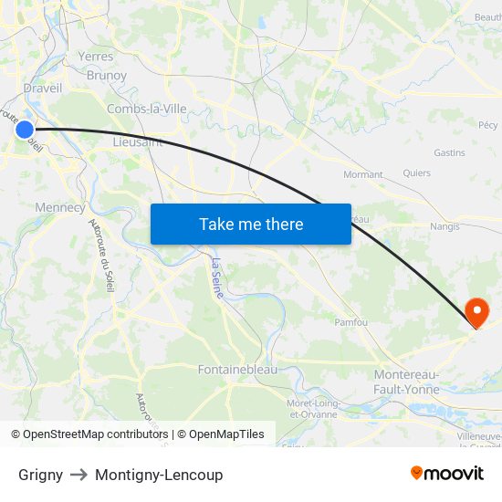 Grigny to Montigny-Lencoup map