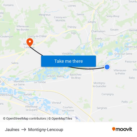 Jaulnes to Montigny-Lencoup map