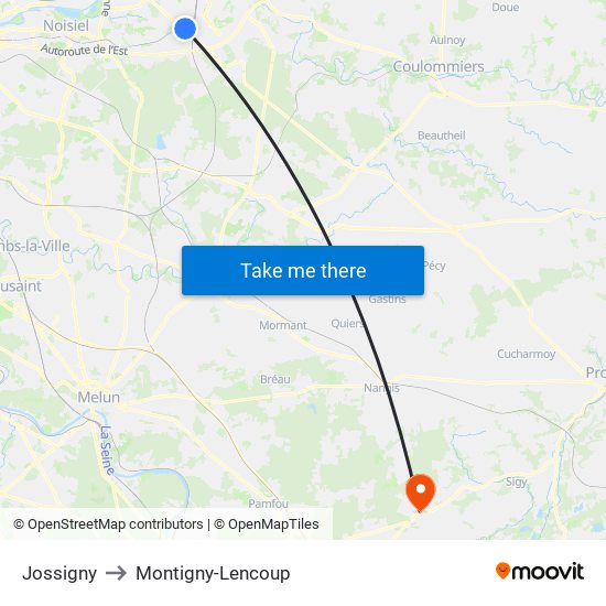 Jossigny to Montigny-Lencoup map