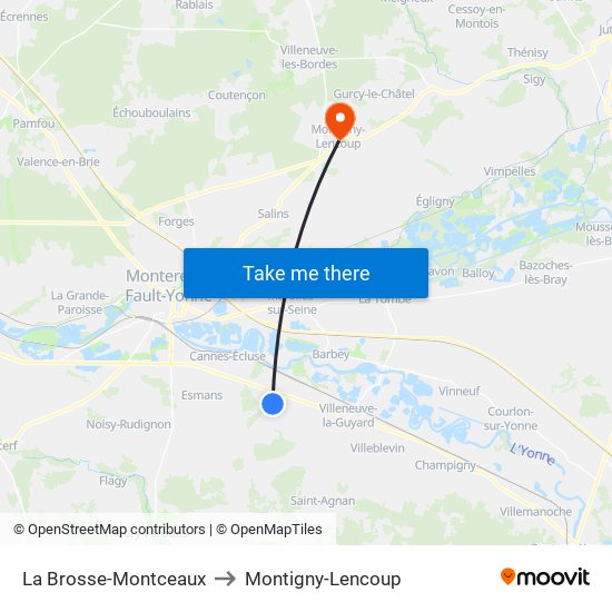 La Brosse-Montceaux to Montigny-Lencoup map