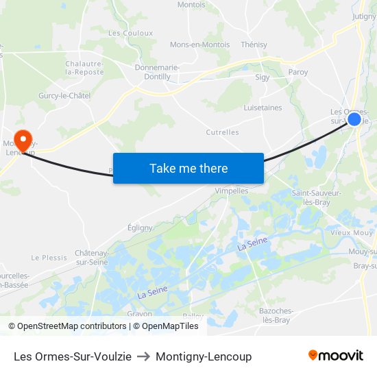 Les Ormes-Sur-Voulzie to Montigny-Lencoup map