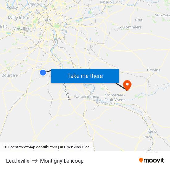 Leudeville to Montigny-Lencoup map