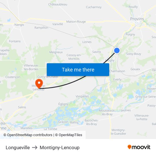 Longueville to Montigny-Lencoup map