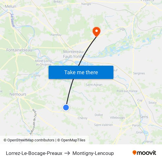 Lorrez-Le-Bocage-Preaux to Montigny-Lencoup map