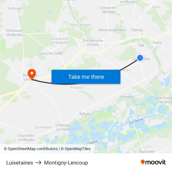 Luisetaines to Montigny-Lencoup map