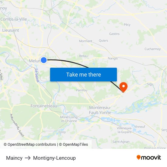 Maincy to Montigny-Lencoup map