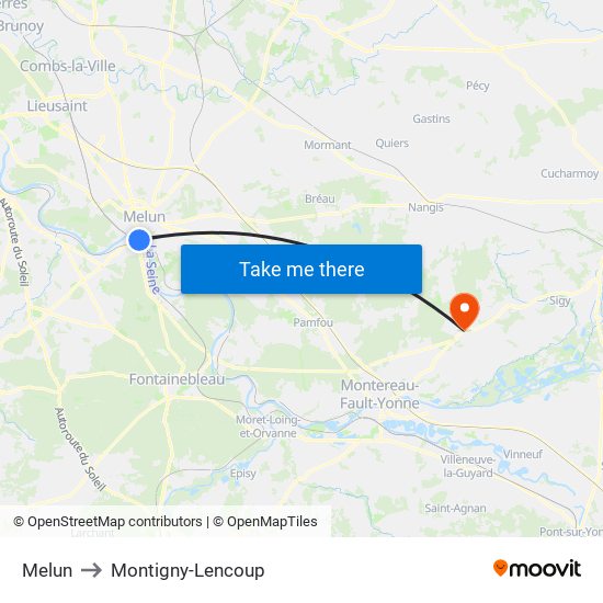 Melun to Montigny-Lencoup map