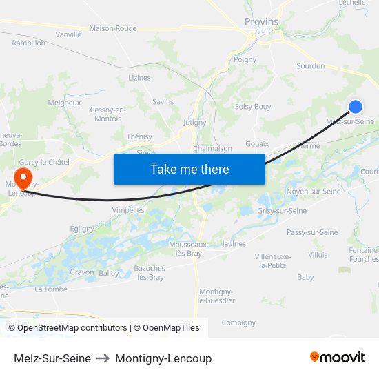 Melz-Sur-Seine to Montigny-Lencoup map