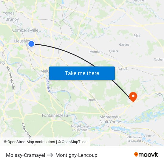 Moissy-Cramayel to Montigny-Lencoup map