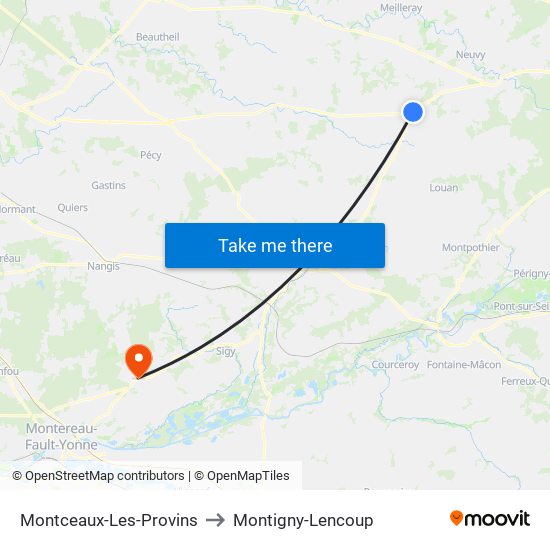 Montceaux-Les-Provins to Montigny-Lencoup map
