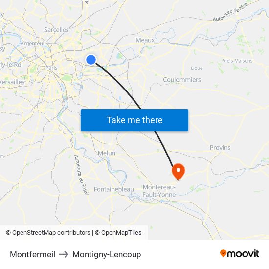 Montfermeil to Montigny-Lencoup map