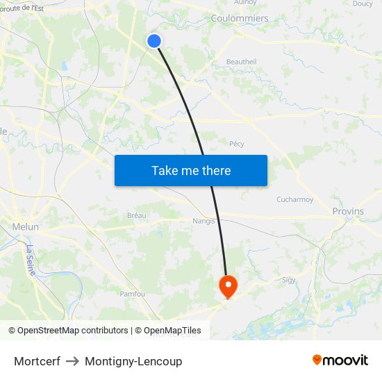 Mortcerf to Montigny-Lencoup map