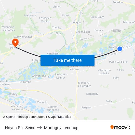 Noyen-Sur-Seine to Montigny-Lencoup map