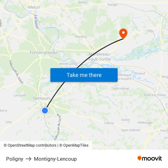 Poligny to Montigny-Lencoup map