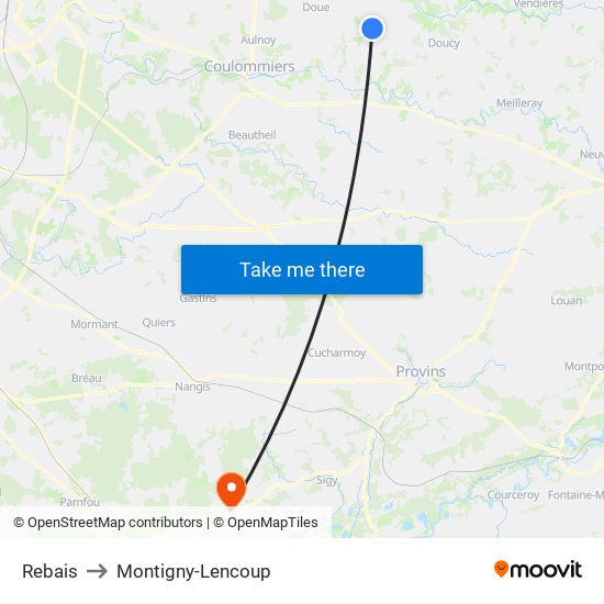 Rebais to Montigny-Lencoup map