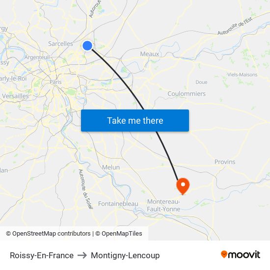 Roissy-En-France to Montigny-Lencoup map