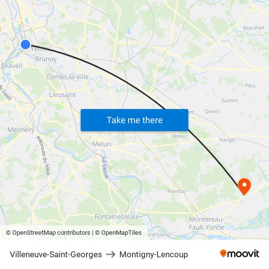 Villeneuve-Saint-Georges to Montigny-Lencoup map