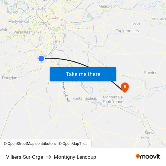 Villiers-Sur-Orge to Montigny-Lencoup map