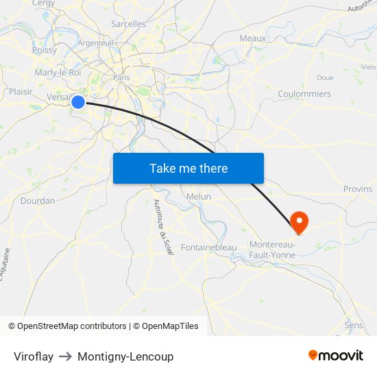 Viroflay to Montigny-Lencoup map