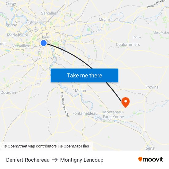 Denfert-Rochereau to Montigny-Lencoup map