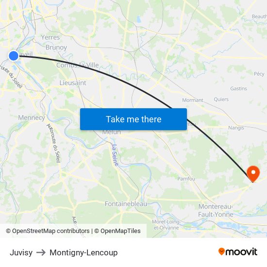 Juvisy to Montigny-Lencoup map