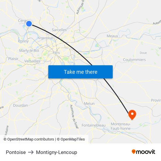 Pontoise to Montigny-Lencoup map