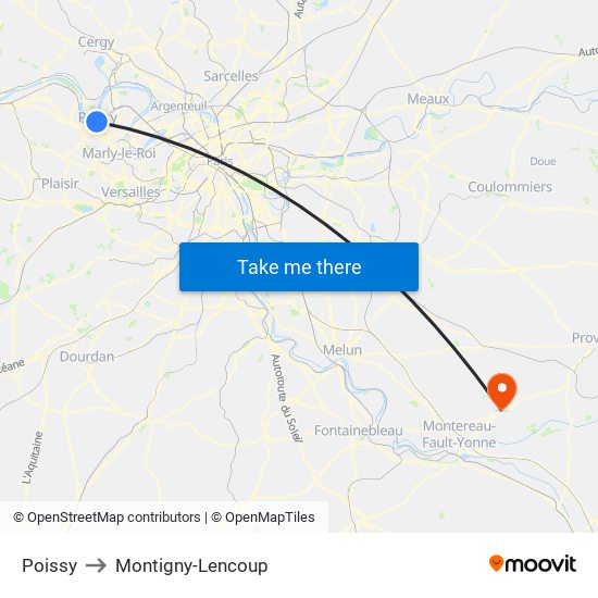 Poissy to Montigny-Lencoup map