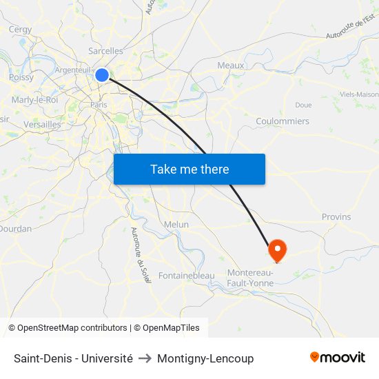 Saint-Denis - Université to Montigny-Lencoup map