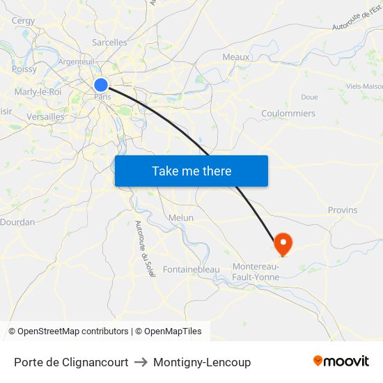 Porte de Clignancourt to Montigny-Lencoup map