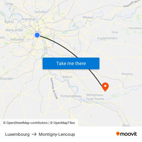 Luxembourg to Montigny-Lencoup map