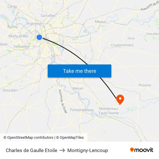 Charles de Gaulle Etoile to Montigny-Lencoup map