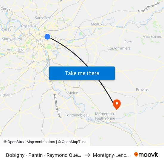 Bobigny - Pantin - Raymond Queneau to Montigny-Lencoup map