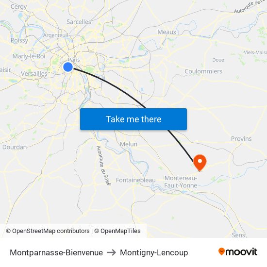 Montparnasse-Bienvenue to Montigny-Lencoup map