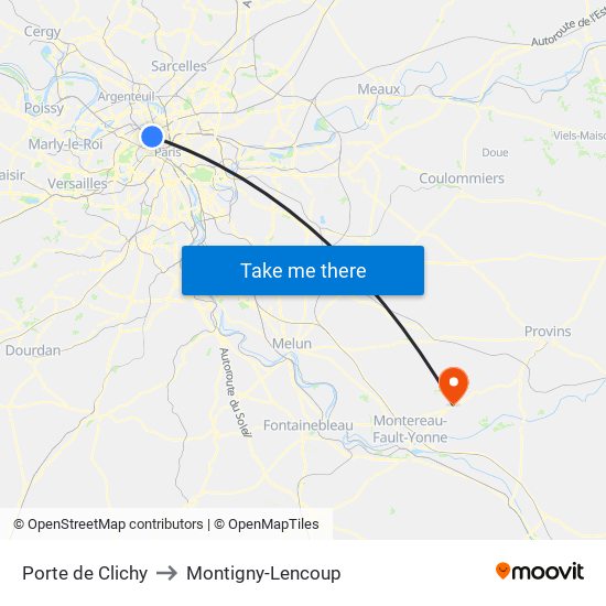 Porte de Clichy to Montigny-Lencoup map
