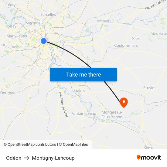 Odéon to Montigny-Lencoup map