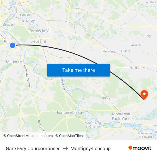 Gare Évry Courcouronnes to Montigny-Lencoup map