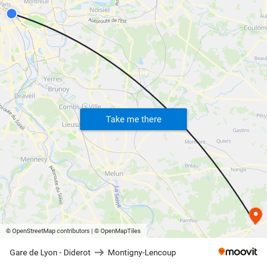 Gare de Lyon - Diderot to Montigny-Lencoup map