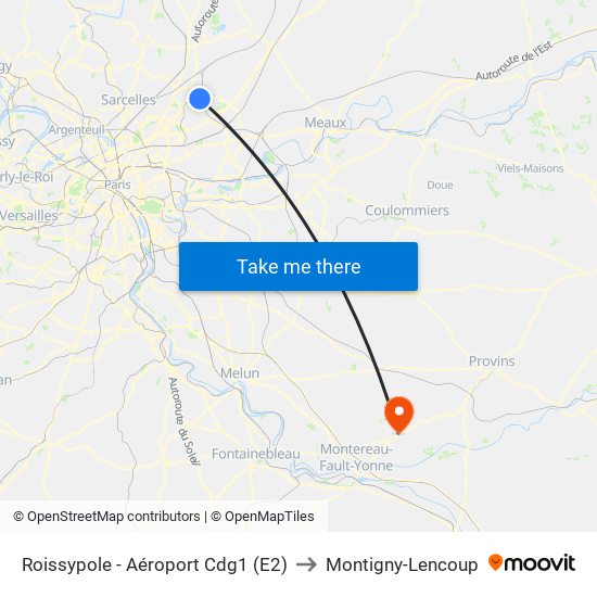 Roissypole - Aéroport Cdg1 (E2) to Montigny-Lencoup map