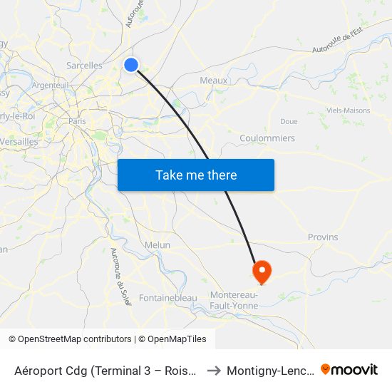 Aéroport Cdg (Terminal 3 – Roissypôle) to Montigny-Lencoup map