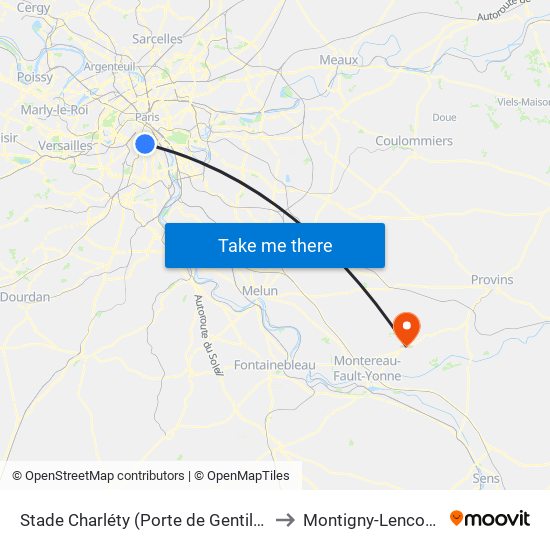 Stade Charléty (Porte de Gentilly) to Montigny-Lencoup map