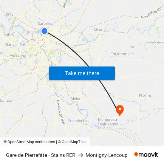 Gare de Pierrefitte - Stains RER to Montigny-Lencoup map