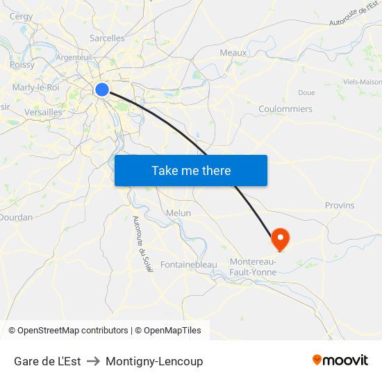 Gare de L'Est to Montigny-Lencoup map