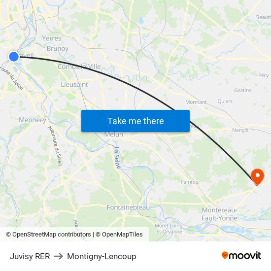 Juvisy RER to Montigny-Lencoup map