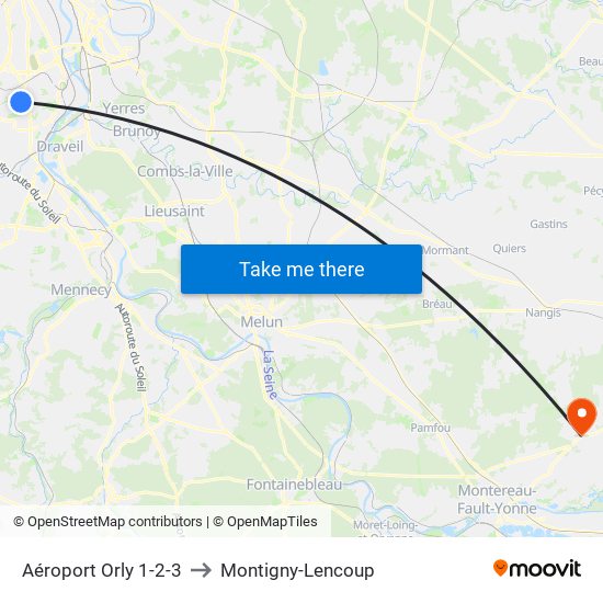 Aéroport Orly 1-2-3 to Montigny-Lencoup map