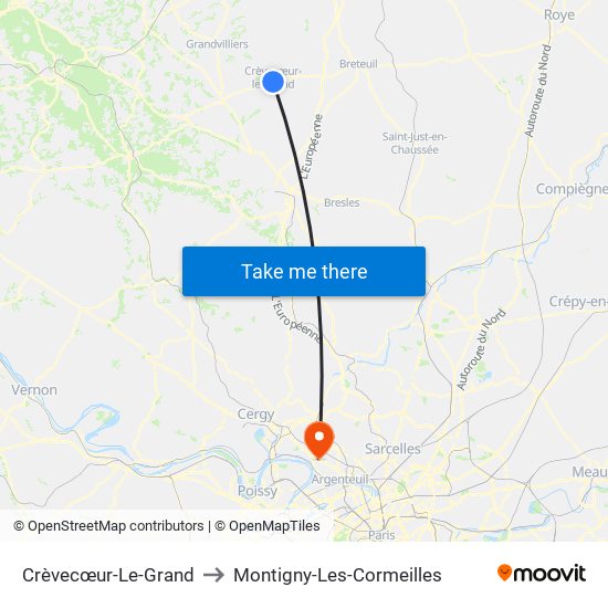 Crèvecœur-Le-Grand to Montigny-Les-Cormeilles map
