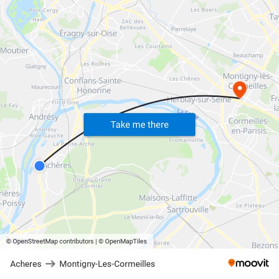 Acheres to Montigny-Les-Cormeilles map